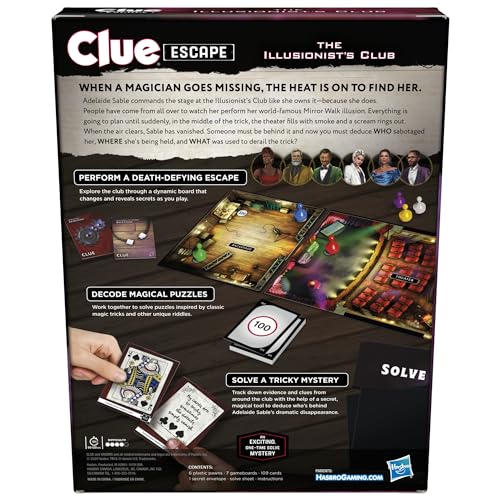 Clue Escape: The Illusionist’s Club Board Game | Escape Room Family Game | 1-Time Solve Mystery | Ages 10+ | 1-6 Players | Difficulty 4 | 90-120 Mins. (Amazon Exclusive) - style: The Illusionist’s Club