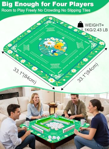 Crease-Free Mahjong Learning Mat 33.1" x 33.1", American Mah Jongg Mat with Rules, Quiet Non-Slip Large Mahjong Table Cover, Floral Gaming Mats for Mahjong, Poker, Dominoes & Board Games (Fresh Green) - color: Fresh Green