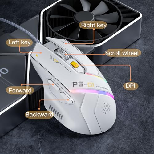Uineer Lightweight Gaming Wired Mouse,12800 DPI Adjustable,6 Programmable Buttons,12 RGB Breathing Mice,Ergonomic USB Optical pc Gaming Mouse,for pc,Laptop and Desktop (White)
