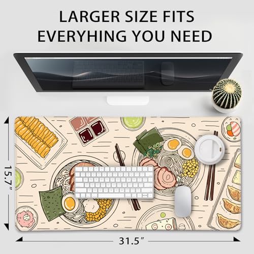 Japanese Ramen Large Gaming Mouse Pad Desk Mat XXL 31.5"x15.7" | Extended Mousepad, Non-Slip Rubber Base , Stitched Edges, for Computer/Laptop/Office/Home - color: Illustrated Food Pattern