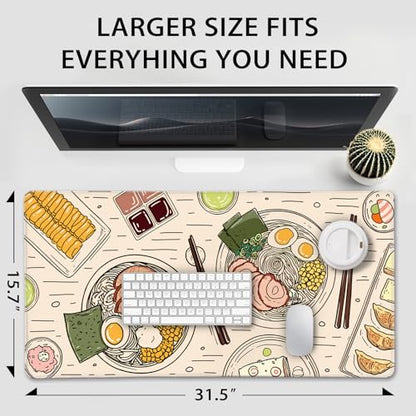 Japanese Ramen Large Gaming Mouse Pad Desk Mat XXL 31.5"x15.7" | Extended Mousepad, Non-Slip Rubber Base , Stitched Edges, for Computer/Laptop/Office/Home - color: Illustrated Food Pattern