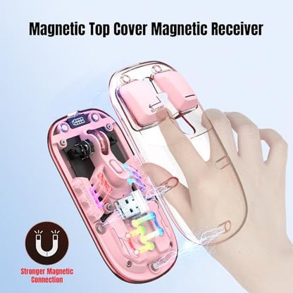 Wireless Bluetooth Mouse, Transparent BT + 2.4G Dual-Mode Mechanical Mouse with Magnetic Top Cover, Rechargeable RGB Backlit Gaming Mouse for Gaming/Esports/Desktop/Laptops/Tablets (Pink) - color: Pink