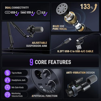 FIFINE AmpliTank K688CT Podcast Microphone Kit, USB/XLR Dynamic Vocal Mic | Streaming Mic with Boom Arm for PC/XLR Mixer, with Mute Button, Headphone Jack, Gain Knob, for Gaming Voice-Over Recording - size: K688CT Black