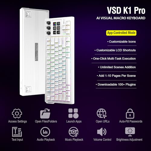 K1 Pro Macro Keyboard, Wired Only Full-Key Programmable On-Board Keypad, Custom Gaming Streaming Mechanical Keyboards with Screen & Knob, Gasket, RGB Backlit, Hot Swappable Shortcut Pad - color: White
