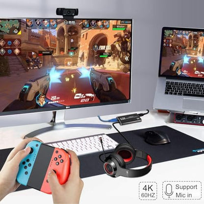 Capture Card, HDMI USB3.0 Capture Card Nintendo Switch, Video Capture Card 4K 1080P 60FPS, Game Capture Card for Live Streaming, Video Conference, Recording, Works with PS4/PS5/PC/OBS/DSLR
