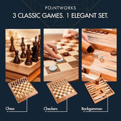 Pointworks 17 Inch Chess Checkers Backgammon Set for adults, Wooden chess set combo, portable folding two sided board multi game design, maple walnut inlay with large weighted pieces, acrylic checkers - style: Backgammon, Chess & Checkers