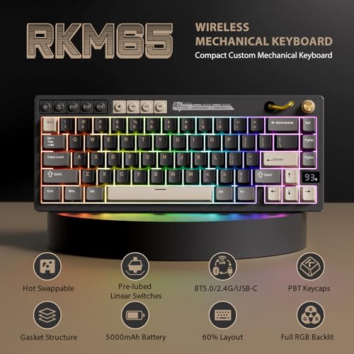 RK ROYAL KLUDGE M65 Wireless Gaming Keyboard with Volume Knob, 60% Hot Swappable Mechanical Keyboard 2.4G/BT/USB-C, Gasket Mount, Battery Display, PBT Keycaps, Hot-Swappable Cream Switch, Black - color: black, size: cream switch