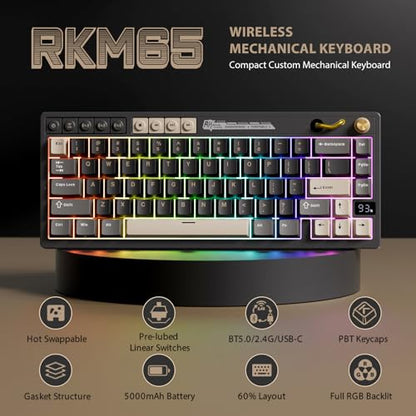 RK ROYAL KLUDGE M65 Wireless Gaming Keyboard with Volume Knob, 60% Hot Swappable Mechanical Keyboard 2.4G/BT/USB-C, Gasket Mount, Battery Display, PBT Keycaps, Hot-Swappable Cream Switch, Black - color: black, size: cream switch