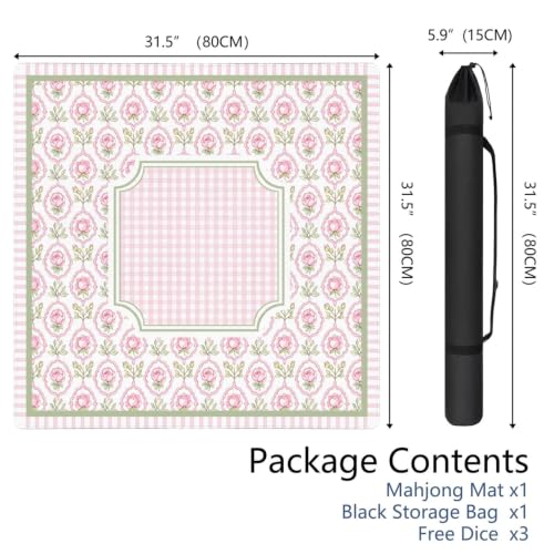 Pink Checkered Mahjong Mat, 31.5 * 31.5in Anti Slip American Mahjong Mat for Table, Noise Reduction, Neoprene Mah jongg Mats with Carrying Bag & 3 Dices, Mahjong Sets Gift, Board Tile Games Mats - color: Rose