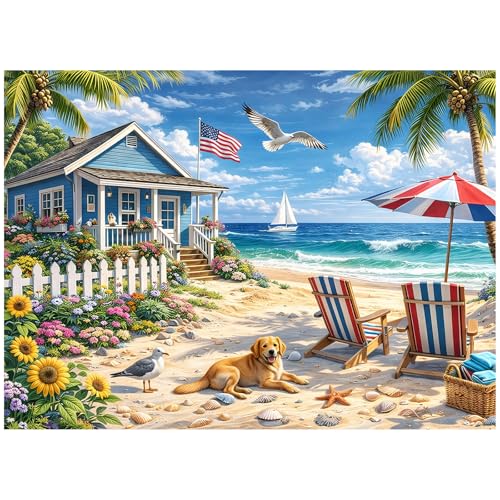 500 Piece Jigsaw Puzzle for Adults, Beach Seaside Puzzle with House Sunflowers Dogs Seagulls, Coastal Landscape Puzzles 500 Piece for Seniors Teens, Funny Relaxing Family Puzzles Gift 20.5 x 15 in