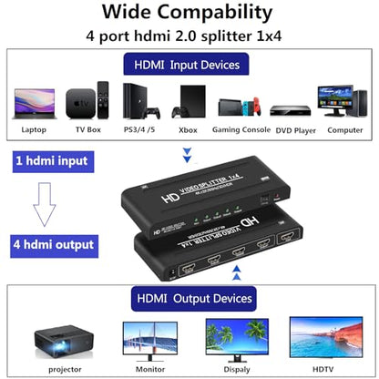 4K@60Hz 1x4 HDMI Splitter 1 in 4 Out 4:4:4,18 Gbps,4 Port Powered HDMI 2.0 Splitter Support Auto Down Scaler, 4K 1080P Sync, HDR10,3D, Only Duplication/Mirror Screens (Not Extend) for PS5/Xbox/HDTV - size: 1x4 splitter 4K@60Hz