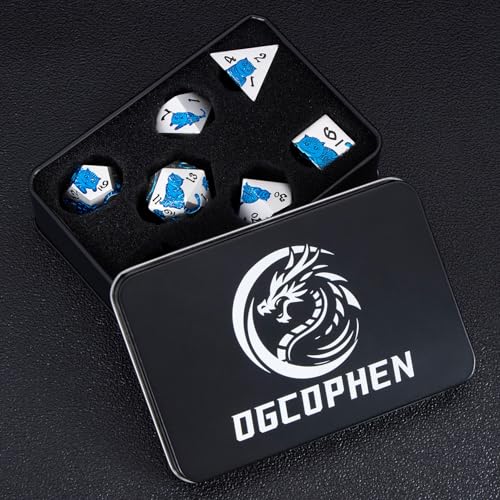 Metal DND Cat Dice 7PCS Polyhedral RPG Dice Set with Gift Case for Dungeons Dragons Role Playing Game, D and D Dice D6 D8 D10 D12 D20 D% (Silver Blue) - color: Cat-silver Blue