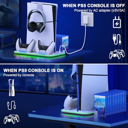 PS5/Slim/Pro Stand and Cooling Station with Controller Charging Station for Digital/Disc, PS5 Accessories Incl. 3 Levels Cooling Fan, LED Light, 15 Game Storage, Headset Holder for Playsation 5 White