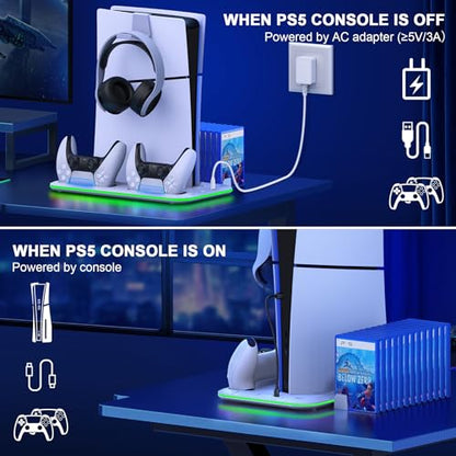 PS5/Slim/Pro Stand and Cooling Station with Controller Charging Station for Digital/Disc, PS5 Accessories Incl. 3 Levels Cooling Fan, LED Light, 15 Game Storage, Headset Holder for Playsation 5 White