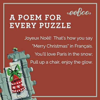 eeBoo Paris Christmas 1000 Piece Square Jigsaw Puzzle, 23" x 23" | Double coated, sturdy & dust free pieces with a satisfying snap. Includes full color reference insert. Vibrant, original art - style: Paris Christmas