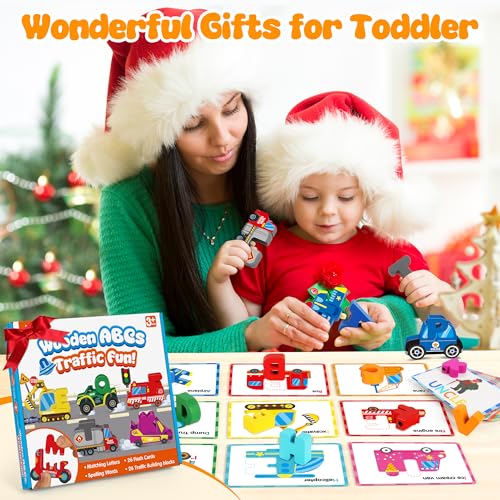 Wooden Vehicle Alphabet Puzzle for Toddlers, Traffic ABC Letter Sight Words Matching Game with 52 Blocks and Flash Cards, Spelling Game Toys, Kindergarten Preschool Learning Activities