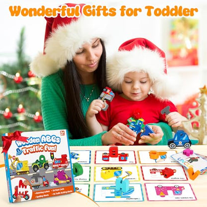 Wooden Vehicle Alphabet Puzzle for Toddlers, Traffic ABC Letter Sight Words Matching Game with 52 Blocks and Flash Cards, Spelling Game Toys, Kindergarten Preschool Learning Activities