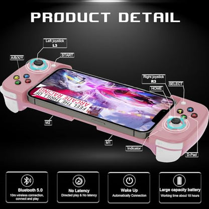 arVin Mobile Game Controller for Samsung Galaxy S23/S22/S21 Ultra, TCL, Tablet, Android Wireless Gamepad for iPhone 15/14/13/12, iOS, iPad, MacBook, PC Gaming Joystick with Back Button, Direct Play - color: Pink