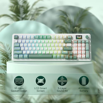 Redragon K719 Wireless Gasket Gaming Keyboard w/Hype Screen & Knob, 95 Keys Mechanical Keyboard, Easy-Control 1.14’’ TFT Info Display, 5-Layer Noise Dampening, Custom Linear Switch, Jade Cloud Color - color: Jade Cloud