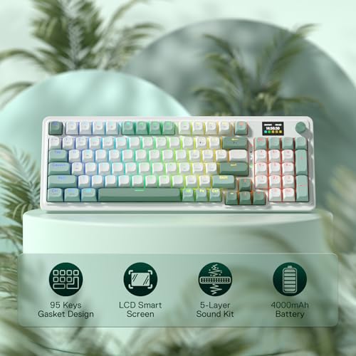 Redragon K719 Wireless Gasket Gaming Keyboard w/Hype Screen & Knob, 95 Keys Mechanical Keyboard, Easy-Control 1.14’’ TFT Info Display, 5-Layer Noise Dampening, Custom Linear Switch, Jade Cloud Color - color: Jade Cloud
