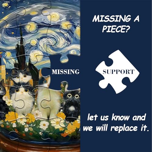 Cat Puzzles for Adults 1000 Pieces, Impossible Kitty Crystal Ball Flowers Jigsaw Puzzles, Van Gogh Starry Night Puzzle, Beautiful Kitten Floral Oil Painting Home Decor - style: Cats Crystal Ball puzzle