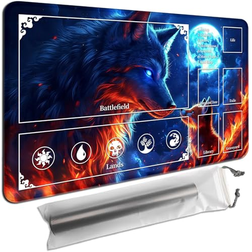 MTG Playmat with Zones 35x19.7 Inch – Trading Card Game Mat for Magic The Gathering,Commander Playmat with Storage Bags,TCG Card Battle Mat,Blue Wolf Fire Fox - color: Blue Wolf Fire Fox, size: 35x19.7 in