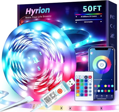 hyrion 50ft USB-Powered RGB LED Strip Lights, Music Sync & Sound-Reactive Color Changing Lights for Bedroom, TV Backlight, Gaming Setup, Bluetooth, IR Remote & Smart App Control | Enjoy Music Sync, Color Changing Lighting, IR Remote Control, Perfect for T