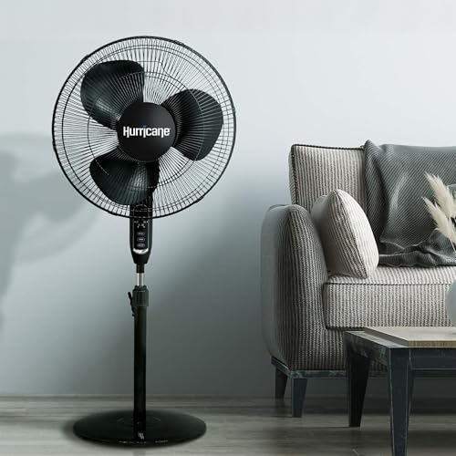 Hurricane Supreme Oscillating Pedestal Stand Fan with 3 Quiet Speeds, Black, 16" - Corded Electric Air Cooling Unit with Remote Control & Adjustable Height for Home, Apartment, Workshop or Office