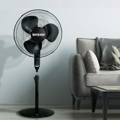 Hurricane Supreme Oscillating Pedestal Stand Fan with 3 Quiet Speeds, Black, 16" - Corded Electric Air Cooling Unit with Remote Control & Adjustable Height for Home, Apartment, Workshop or Office
