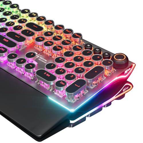 RK ROYAL KLUDGE X108 Typewriter Keyboard with Knob, Wired Mechanical Gaming Keyboard, 108 Keys RGB Backlit Sidelight, Detachable Wrist Rest, Retro Round Keycaps Blue Switches - Shadow Black - color: shadow black, size: blue switch
