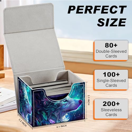 Magnetic Closure TCG Deck Box Portable Card Holder Trading Card Deck Box | PU Leather Collectible Card Case Game Trading Card Deck Box Storage Scratch Resistant Lining, Blue And Purple Glowing Wolf - color: Blue And Purple Glowing Wolf