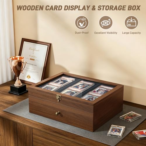 Emfogo Trading Card Storage Box, Wooden Graded Sports Card Display Case | Trading Card Display Case, Adjustable Drawer Dividers, TCG Card Storage Boxs, 1800+ Card Organizer for TCG, MTG, Sports Cards