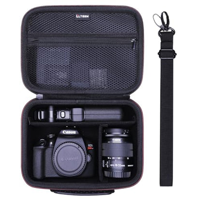Camera Case Compatible with Canon EOS Rebel T7/R50/R6 Mark II/R100/R50 V/T6/R8/R10/R5 Mark II/RP/R7/5D Mark IV/SL3/R5/T100 DSLR SLR Camera, Len and Tripod with 4 Dividers and Shoulder Strap, Black | Hard Carrying Travel Case for Canon EOS Rebel T7/R50//R1
