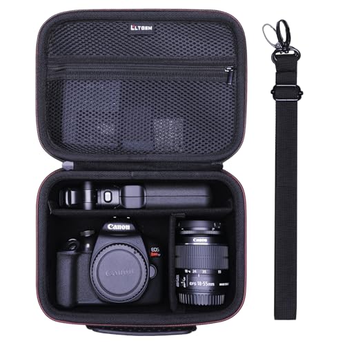 Camera Case Compatible with Canon EOS Rebel T7/R50/R6 Mark II/R100/R50 V/T6/R8/R10/R5 Mark II/RP/R7/5D Mark IV/SL3/R5/T100 DSLR SLR Camera, Len and Tripod with 4 Dividers and Shoulder Strap, Black | Hard Carrying Travel Case for Canon EOS Rebel T7/R50//R1