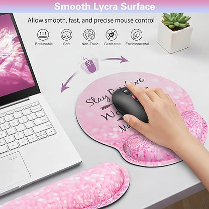 Mouse Pad with Wrist Rest Set Pink, 3-in-1 Wrist Support Mousepad Set,Gaming Mat Pad with Anti-Skid Base,Ergonomic Mouse Pad,Memory Foam Keyboard Gel Wrist Rest - color: Pink Particle