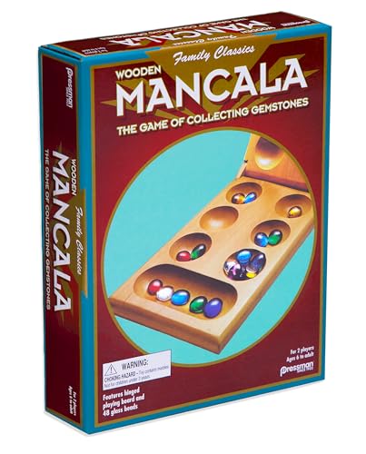 Pressman Mancala Board Game | Fun Classic Table for Adults & Kids | Includes 48 Glass Mancala Stones and Wood Hinged Playing Board | 2 Players, Ages 6+ - size: 1 pack