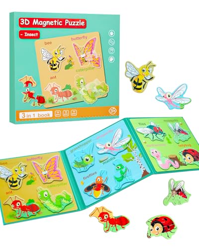 Magnetic Puzzles for Toddlers 1-3, Travel Puzzles for Kids Ages 2-4, Animal Activities Toy Wooden Jigsaw Puzzles Book for Boys & Girls 3-5, Learning Magnet Present for Road Trip - style: Insect