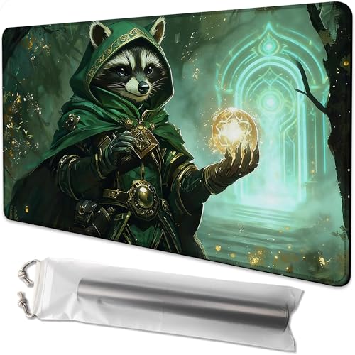 Playmat for MTG Sorcerer Raccoon Magic Play Mat 24x14 Inch Card Game Mat for Magic The Gathering TCG PTCG Playmat with Free Storage Bags Non-Slip Backing and Stitched Edge - color: Sorcerer Raccoon No With Zones