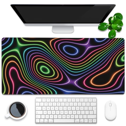 Desk Mat, Colorful Neon Topographic Contour Map Extended Gaming Mouse Pad Large, 35.4"x15.7" Big Mouse Pad with Non-Slip Base and Stitched Edge, Long Computer Keyboard Mouse Mat for Home Office Work - color: Neon Light Contour Map, size: 35.4"x15.7"