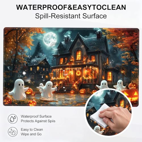 for MTG Playmat, Custom Trading Card Game Mat 27.6 x 15.7 in | Ghostly Pumpkin House Premium Non-Slip Rubber Base, Water-Resistant & Stitched Edges, Personalized High-Definition Art - color: Ghostly Pumpkin House, size: 28" x 16" Regular