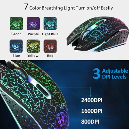 TENMOS M2 Wireless Gaming Mouse, Silent Rechargeable Optical USB Computer Mice Wireless with 7 Color LED Light, Ergonomic Design, 3 Adjustable DPI Compatible with Laptop/PC/Notebook, 6 Buttons (Black) | 2.4GHz Optical, 7 Color LED Lights, Ergonomic, Quiet