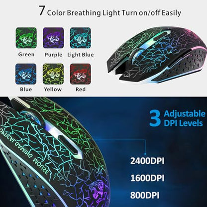TENMOS M2 Wireless Gaming Mouse, Silent Rechargeable Optical USB Computer Mice Wireless with 7 Color LED Light, Ergonomic Design, 3 Adjustable DPI Compatible with Laptop/PC/Notebook, 6 Buttons (Black) | 2.4GHz Optical, 7 Color LED Lights, Ergonomic, Quiet