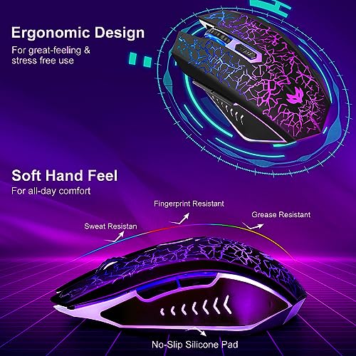 Wireless Gaming Mouse, Rechargeable Wireless Computer Mouse, 7-Color LED Light, Ergonomic Mouse with 6 Silent Click Buttons, 3 Adjustable 2400 DPI Wireless Mouse for Laptop,PC,Mac, Black - color: BLack