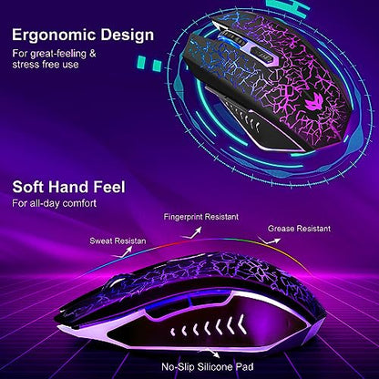 Wireless Gaming Mouse, Rechargeable Wireless Computer Mouse, 7-Color LED Light, Ergonomic Mouse with 6 Silent Click Buttons, 3 Adjustable 2400 DPI Wireless Mouse for Laptop,PC,Mac, Black - color: BLack