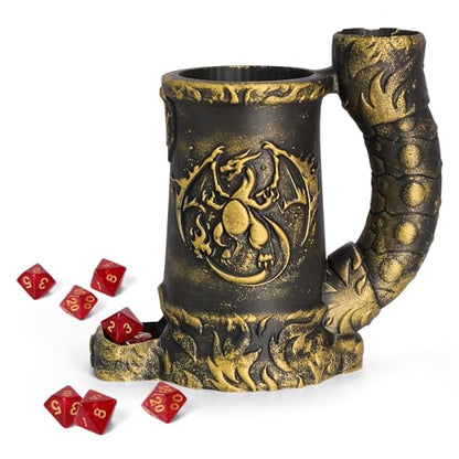 Dice Tower Mug, Dice Rolling Tower, Comes with 7 PCS Dice Set, Suitable for DND Dungeons and Dragons, Tabletop Games, Available As Drink Holder, D&D Gifts, DND Accessories (Gold) - color: Gold