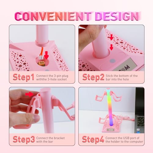 VCOM RGB Gaming Headphones Stand with 2 USB Ports, Pink Headset Stand with 10 Light Modes and Non-Slip Rubber, Suitable for PC Desk Accessories Gamers Gift(Pink)