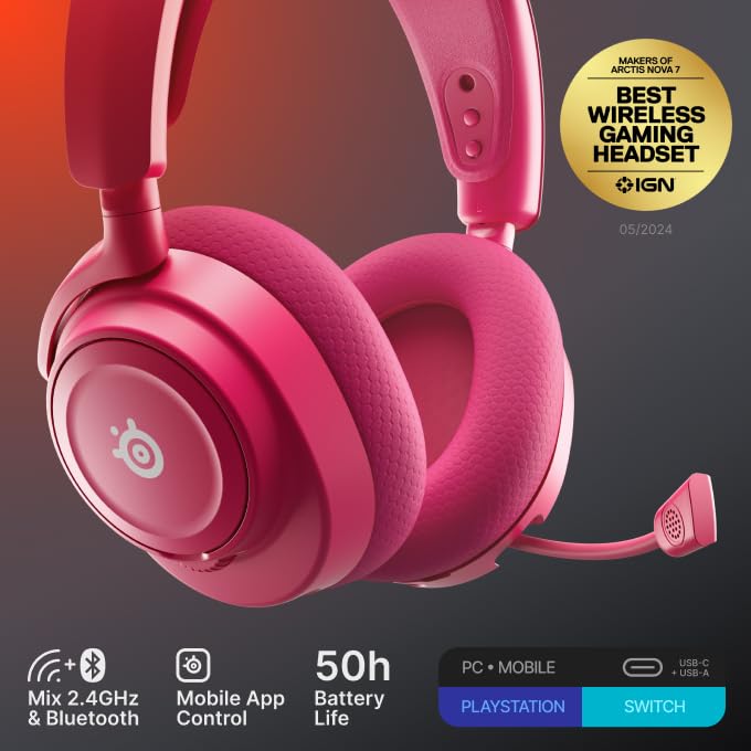 SteelSeries Arctis Nova 7 Wireless Gen 2 Gaming Headset - Real-Time App Control, 50+ HR Play, Neodymium Drivers, Mix 2.4GHz/Bluetooth, PC, PS5, PS4, Switch 1/2, Mobile - Magenta - color: Magenta, style: PC | PlayStation