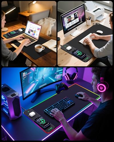 Magnetic Wireless Charging Mouse Pad Gaming, 31.5"x15.8" Large Desk Mat | RGB Mousepad, Smooth Glide, Stitched Edge, Non-Slip Rubber Base, Desk Pad Computer Keyboard Mat, with Adapter - color: RGB-Adatper