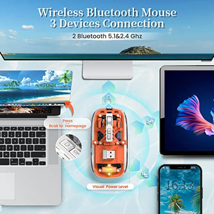 A.JAZZ Wireless Bluetooth5.1&2.4G Mini Lightweight Mouse,Transparent Clear Cool,Rechargeable Silent Computer Mice,Nano USB C Receiver,LED Battery Magic Silm For Office/PC/Mac/Laptop/Apple/ipad(Orange) - color: Orange