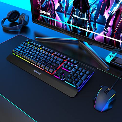 Gaming Keyboard Wireless, Light Up LED Backlit, Rechargeable Keyboard 50 Hours Battery Life & Sleep Mode & Indicators, Quiet, Ergonomic Metal Wrist Rest for PC Computer Gamer - 2.4G USB, Black